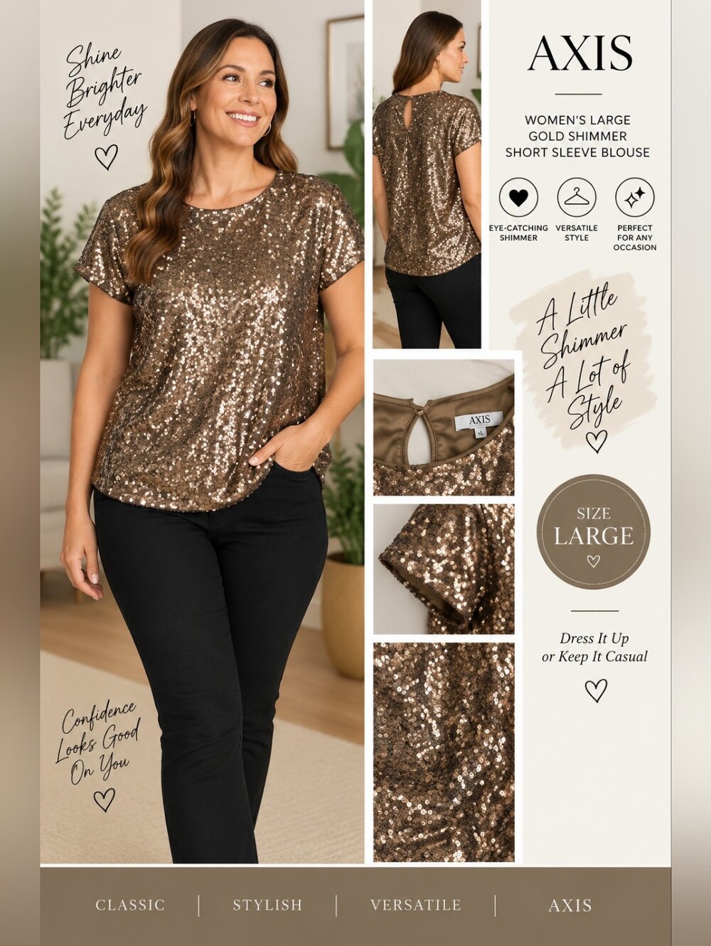 Axis women's large gold shimmer short sleeve blouse #30